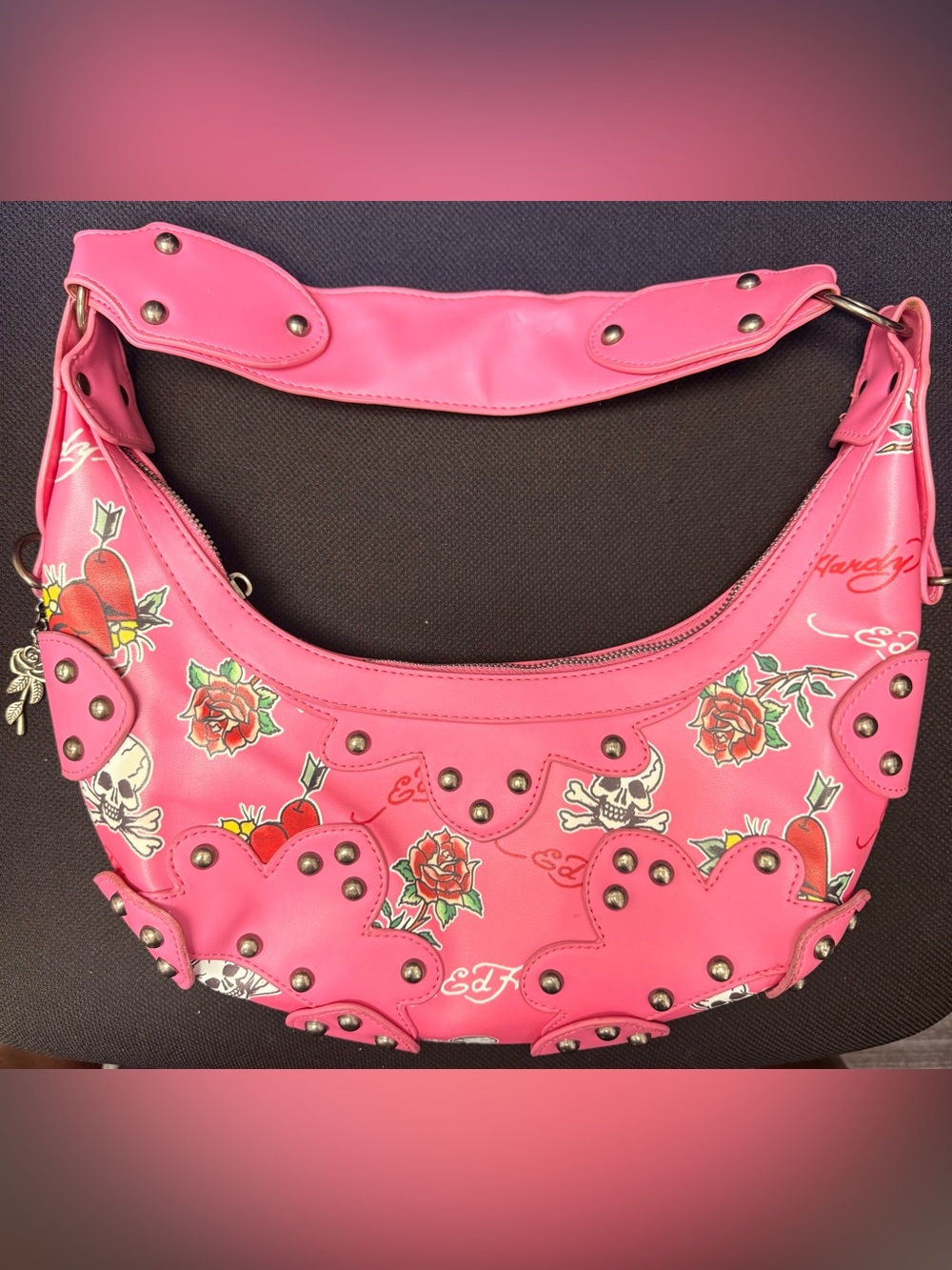 Ed Hardy Pink Floral & Skull Studded Hobo #EdHardy